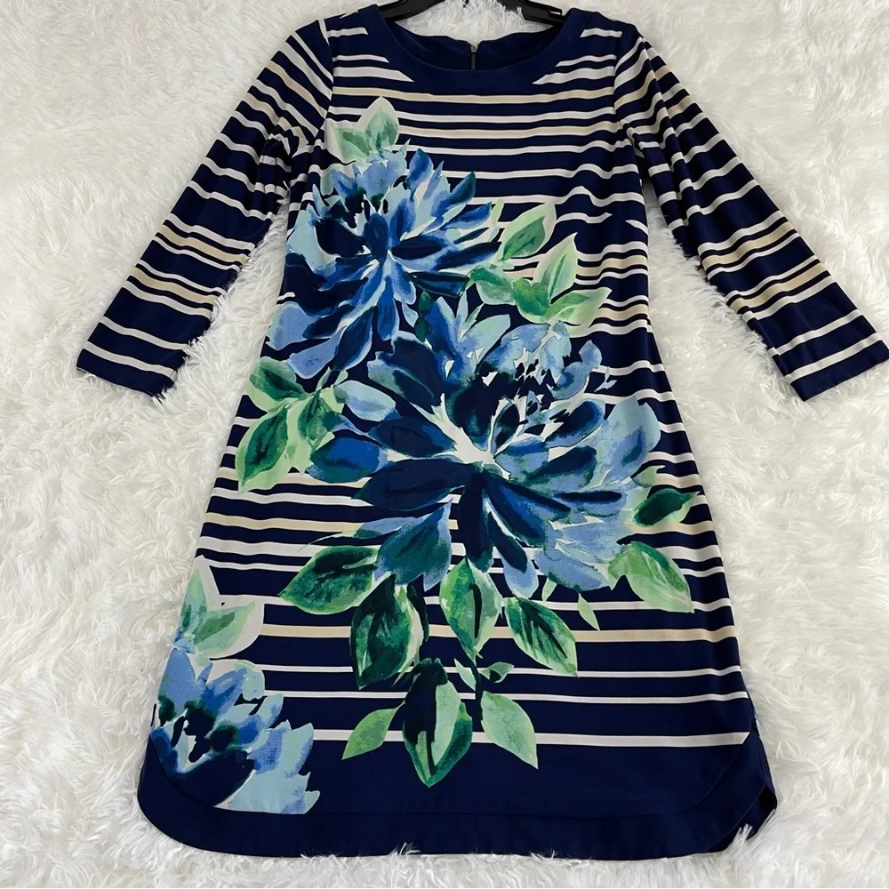 VINCE CAMUTO Navy Blue Striped Iris Dress Women’s Size 8 3/4 Sleeve Zip Back - Picture 1 of 7